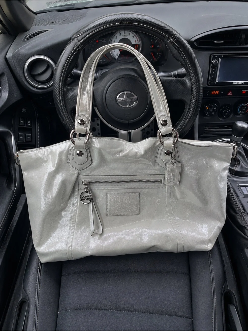 2010 poppy Coach Metallic Silver Leather Tote Bag - Coach